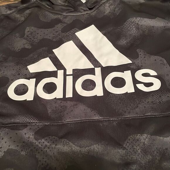 EUC! Adidas Black Gray Subtle Camo Print Hooded Sweatshirt - Size 10/12 - Picture 3 of 6